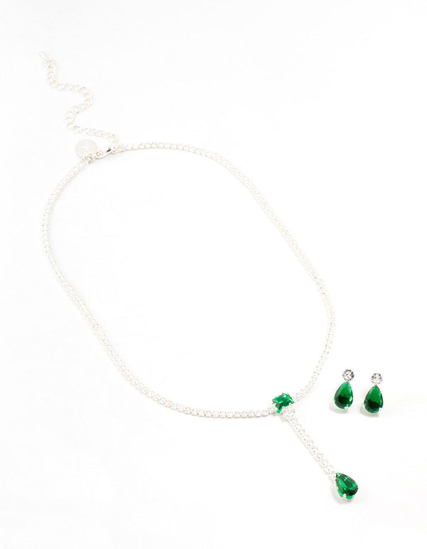 Emerald Cubic Zirconia Silver Y-Necklace & Earrings Set