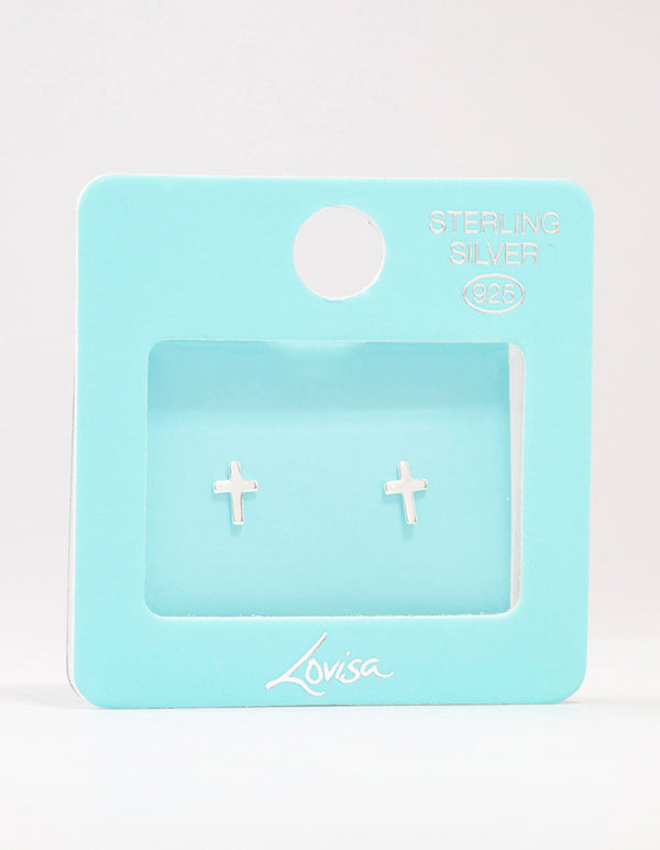 Sterling Silver Clean Cross Stud Earrings