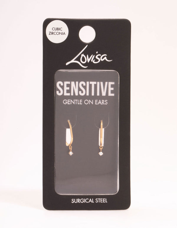 Gold Plated Surgical Steel Cubic Zirconia Rectangle Sleeper Earrings