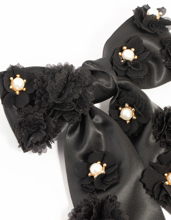 Black Flowers Fabric Bow Clip