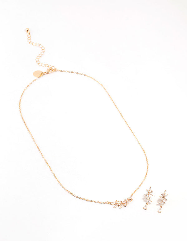 Gold Dainty Sparkle Flower Earrings & Necklace Set
