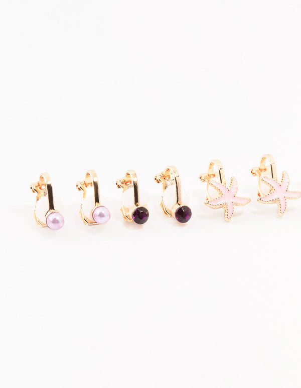 Kids Gold & Flower Sea Clip On Earrings