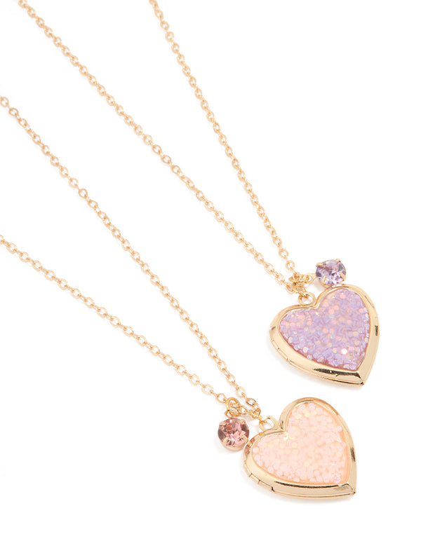 Gold Pink Sprinkle Heart Locket Necklaces 2-Pack