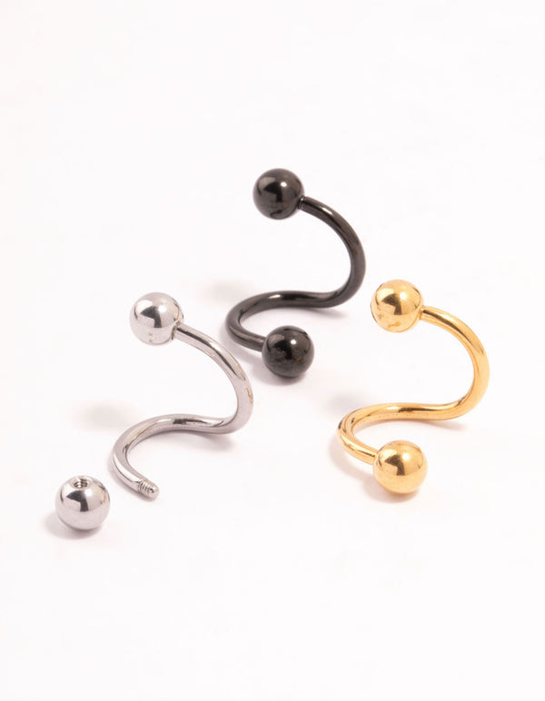 Gold, Black & Silver Surgical Steel  Twisted Belly Bars 3-Pack