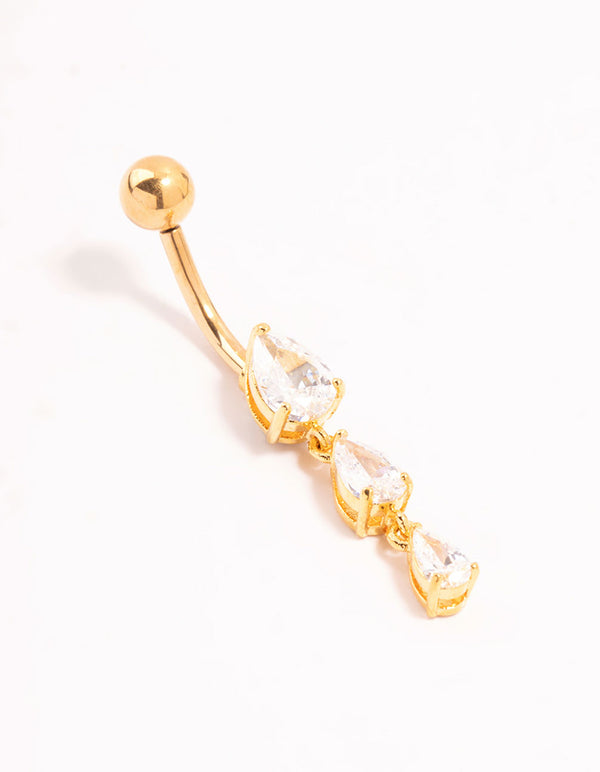 Gold Plated Surgical Steel Trio Mini Pear Cubic Zirconia Belly Bar