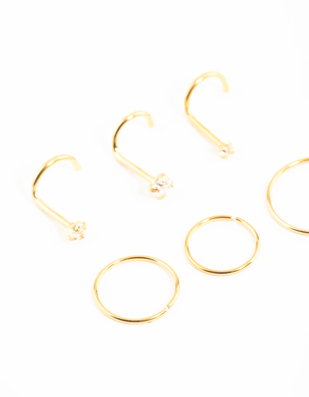 Gold Plated Surgical Steel Cubic Zirconia Nose Stud & Rings 6-Pack
