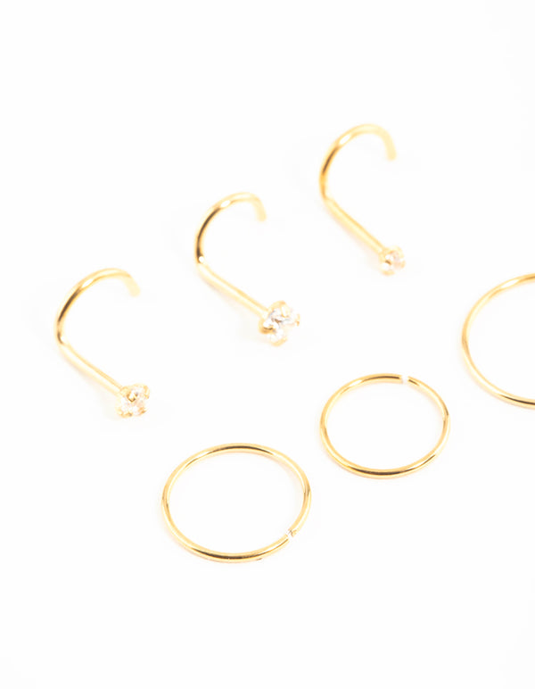 Gold Plated Surgical Steel Cubic Zirconia Nose Stud & Rings 6-Pack