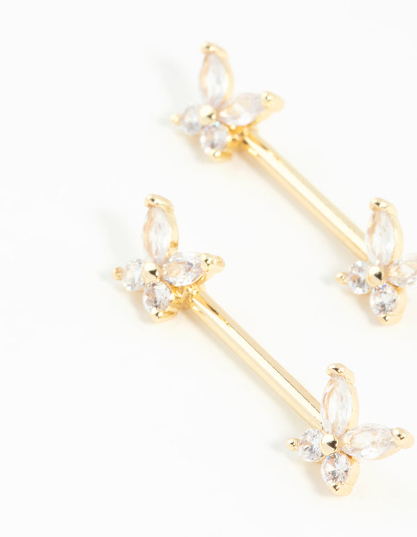 Gold Plated Surgical Steel Cubic Zirconia Butterfly Nipple Bars 2-Pack