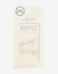 Gold Plated Surgical Steel Cubic Zirconia Butterfly Nipple Bars 2-Pack - link has visual effect only