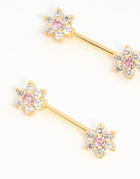 Gold Plated Surgical Steel Cubic Zirconia Flower Nipple Bars 2-Pack - link has visual effect only