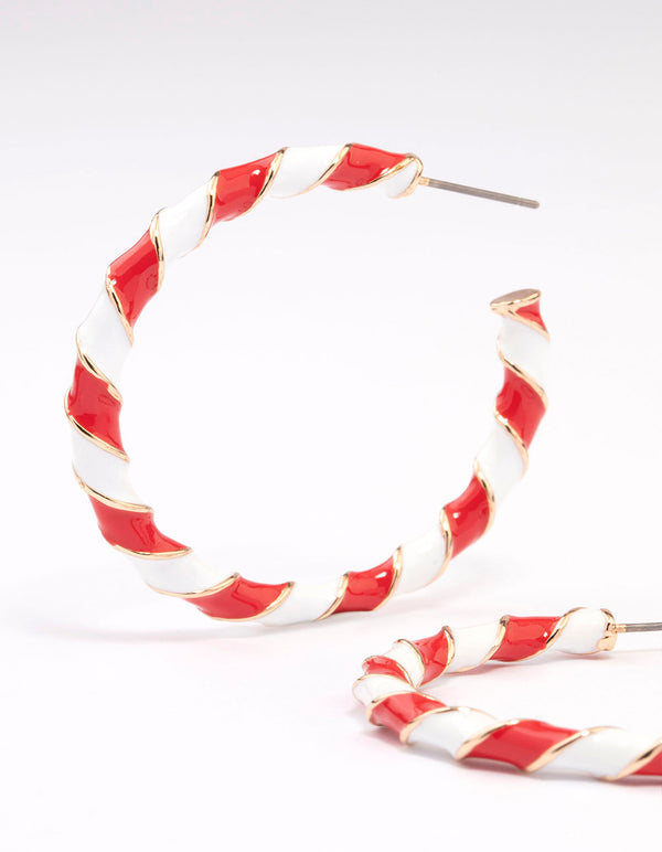 Red & White Candy Cane Enamel Hoop Earrings
