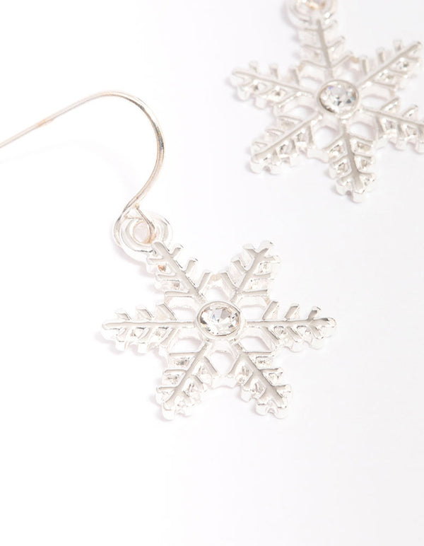 Small Diamante Snowflake Silver Drop Earrings