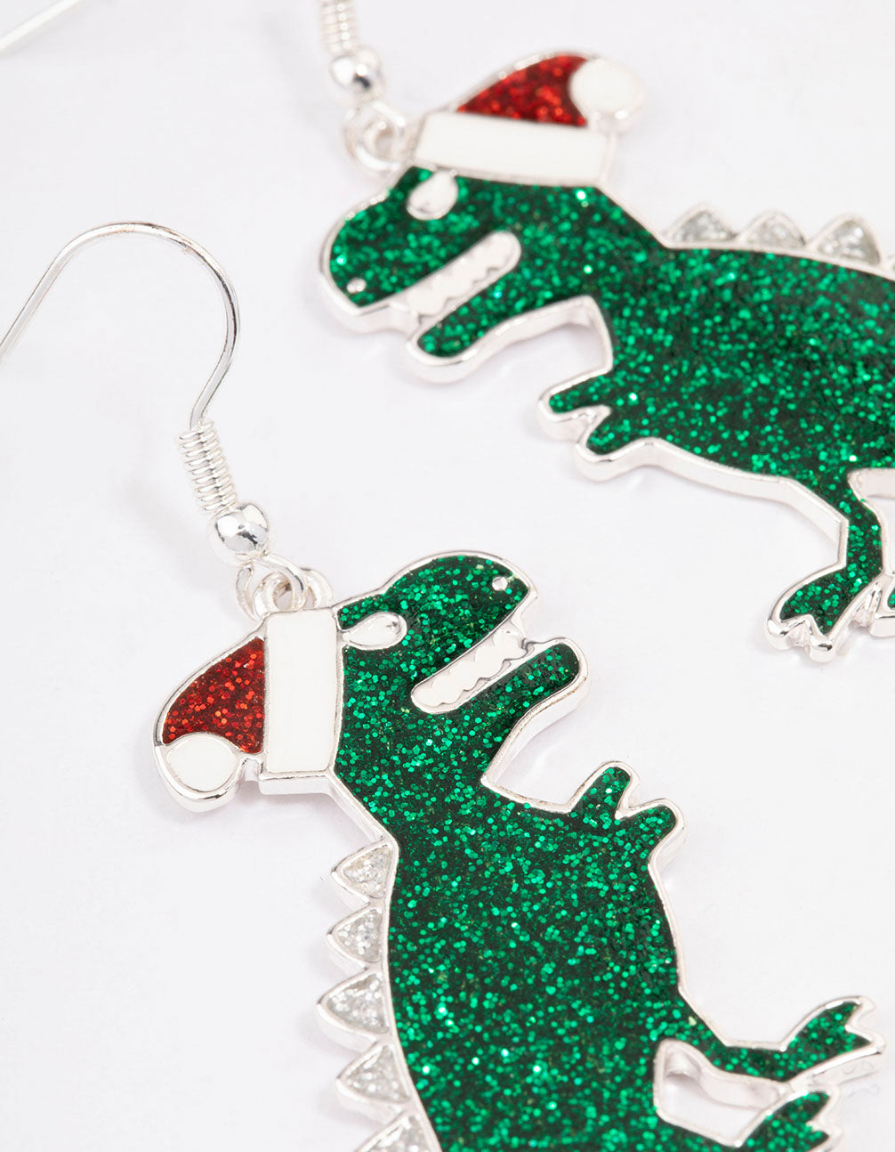 Green Glittery Dinosaur Drop Earrings