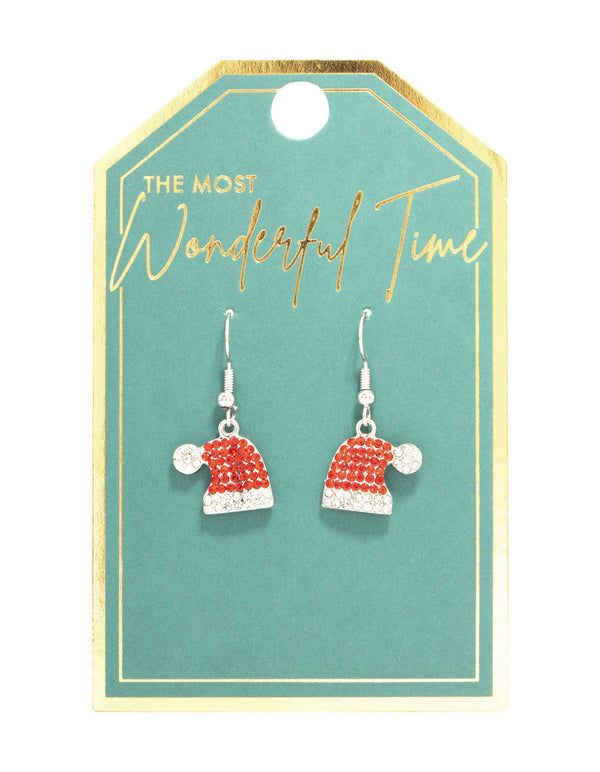 Red Diamante Santa Hat Drop Earrings