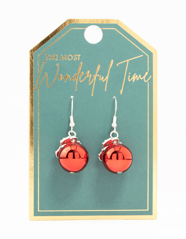 Red Bauble Mistletoe Silver Drop Earrings