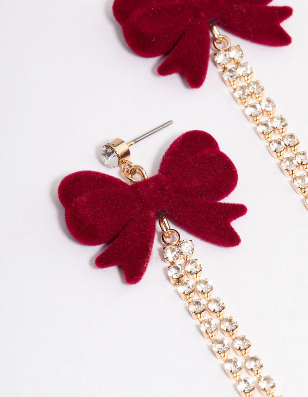 Burgundy Bow Diamante Cup Chain Gold Drop Earrings
