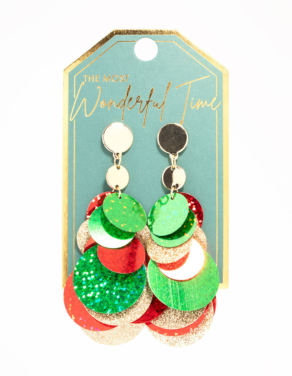 Green & Red Layered Sequin Discs Drop Earrings