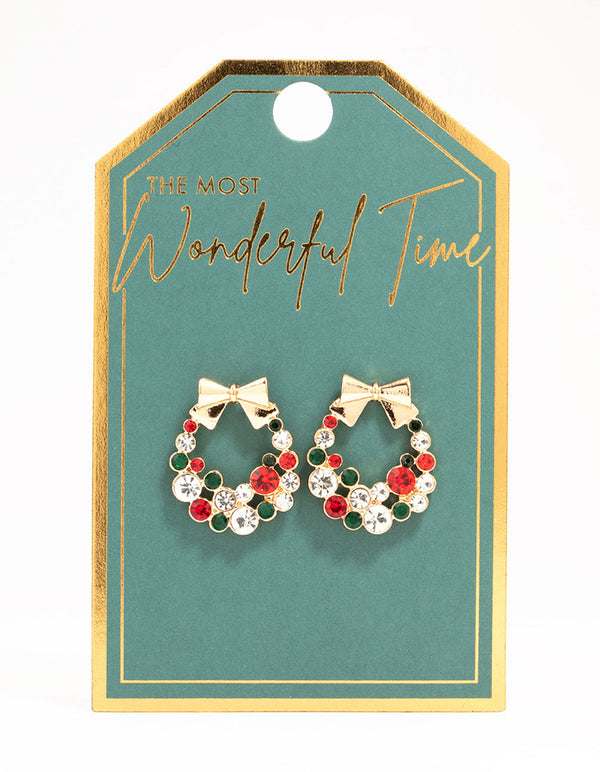 Red & Green Diamante Wreath Stud Earrings