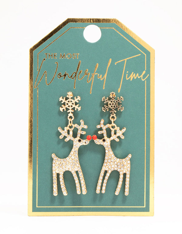 Gold Diamante Reindeer Drop Earrings