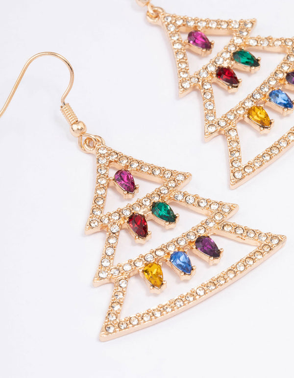 Gold Diamante Xmas Tree & Lights Drop Earrings