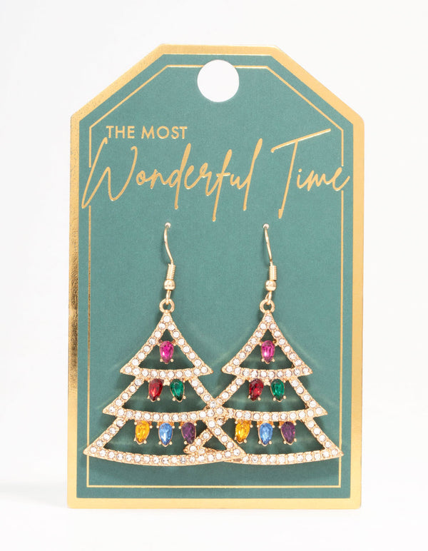 Gold Diamante Xmas Tree & Lights Drop Earrings