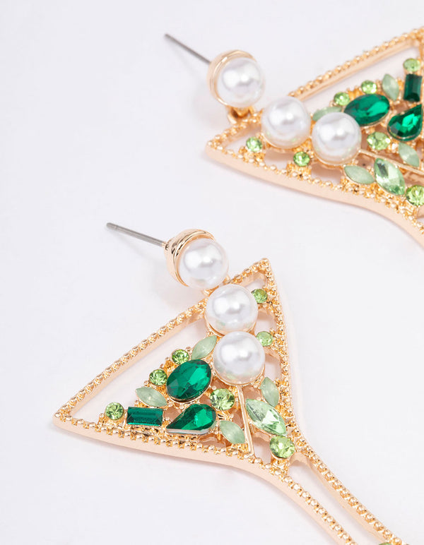 Green Diamante & Pearls Cocktail Earrings