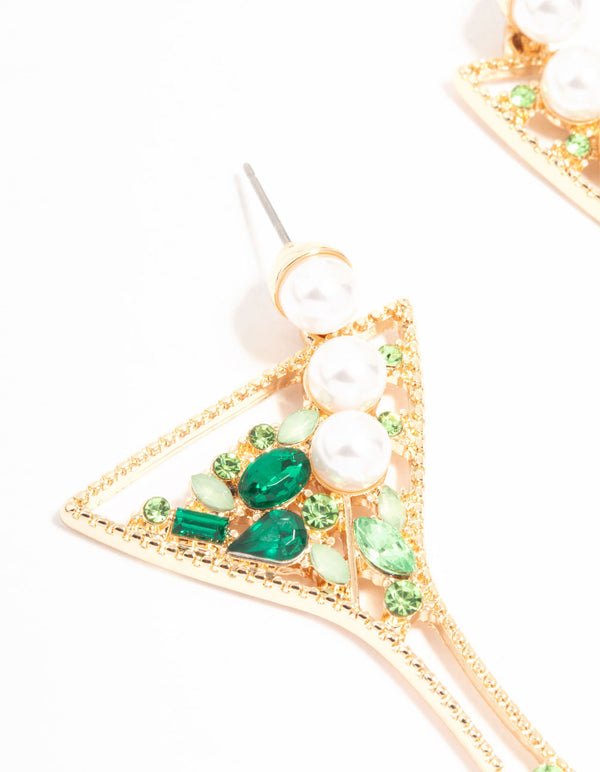 Green Diamante & Pearls Cocktail Earrings
