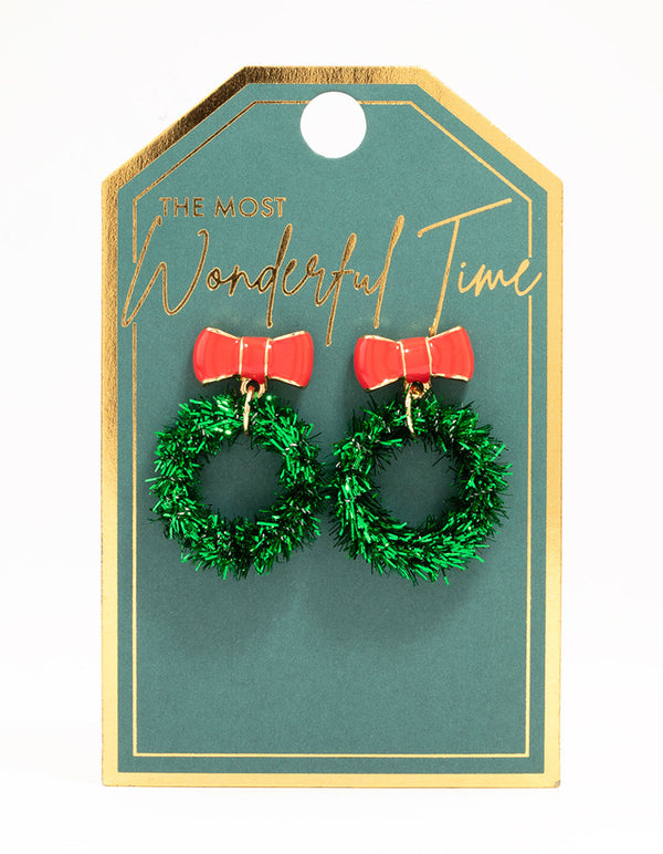 Green Tinsel Wreath Drop Earrings
