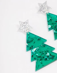 Green Acrylic With Silver Star Tree Earrings - link has visual effect only