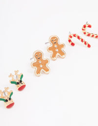 Reindeer, Candy Cane & Gingerbread Man Gold Stud Earrings 3-Pack - link has visual effect only