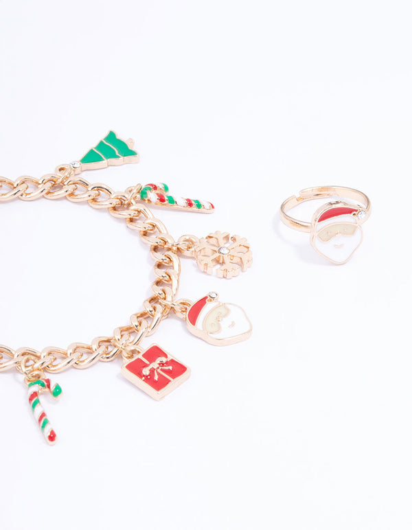 Santa Motif Ring & Charm Bracelet Set