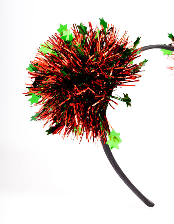 Green & Red Tinsel Pom Pom Headband