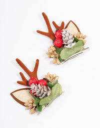 Brown & Red Reindeer Wreath Fabric Hair Clip - link has visual effect only