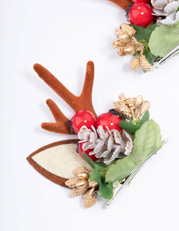 Brown & Red Reindeer Wreath Fabric Hair Clip