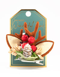 Brown & Red Reindeer Wreath Fabric Hair Clip - link has visual effect only