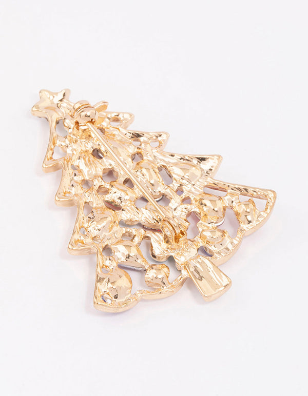 Gold Multicoloured Diamante Baubles Tree Brooch