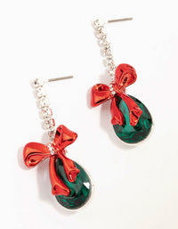 Green Diamante & Red Bow Silver Drop Earrings - link has visual effect only