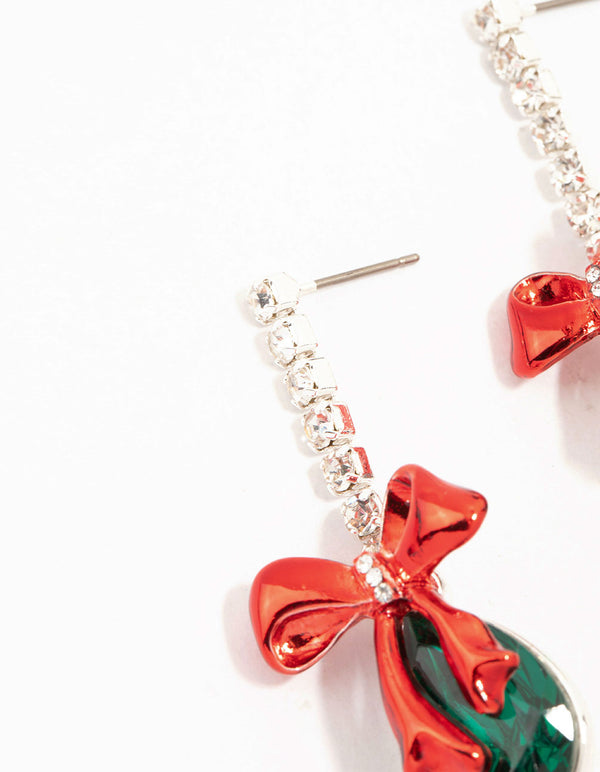 Green Diamante & Red Bow Silver Drop Earrings
