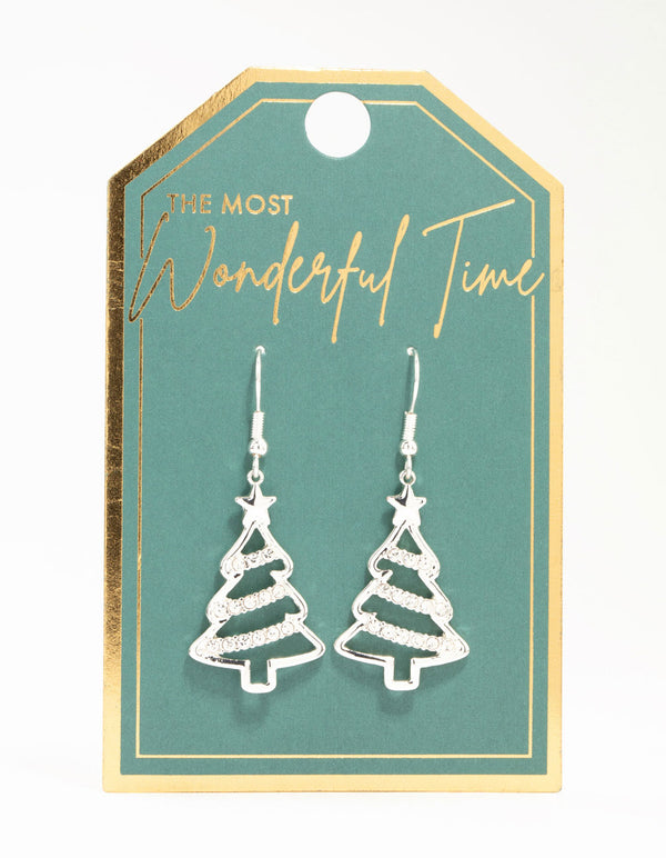 Silver Diamante Tree Outline Drop Earrings