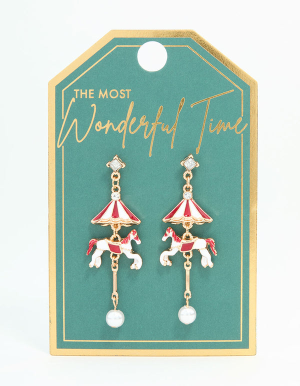 Gold Carousel Horse Drop Earrings