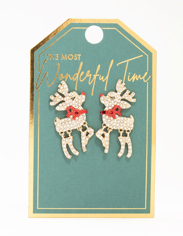 Gold Diamante Red Nosed Reindeer Earrings