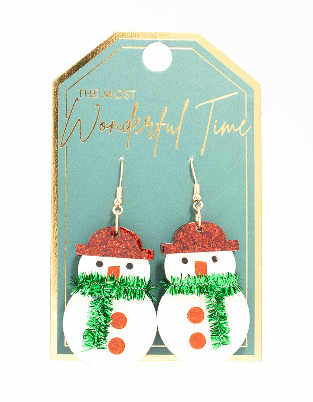 Snowman With Green Tinsel Scarf Acrylic Drop Earrings