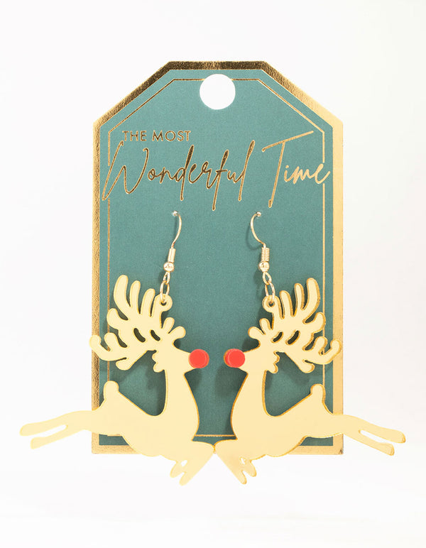 Gold Acrylic Reindeer Drop Earrings
