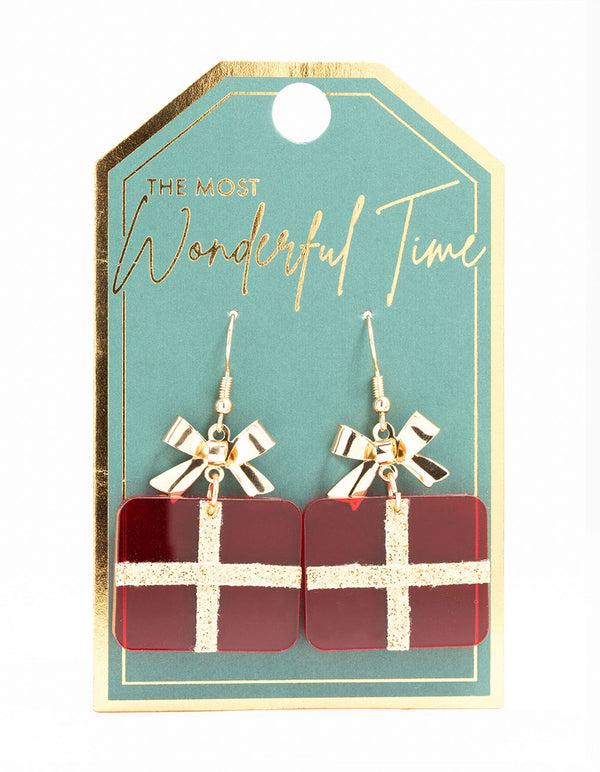 Gold & Red Acrylic Present Drop Earrings