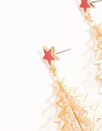 Gold Tree With Red Star Drop Earrings - link has visual effect only