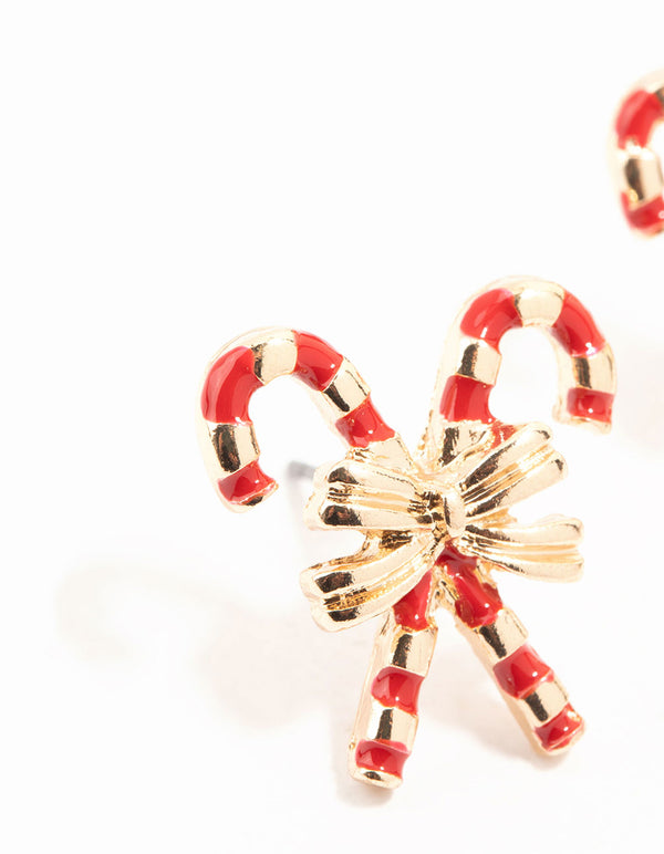 Gold Double Candy Cane & Bow Earrings