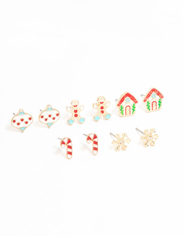 Gingerbread House & Candy Cane Stud Earrings 5-Pack