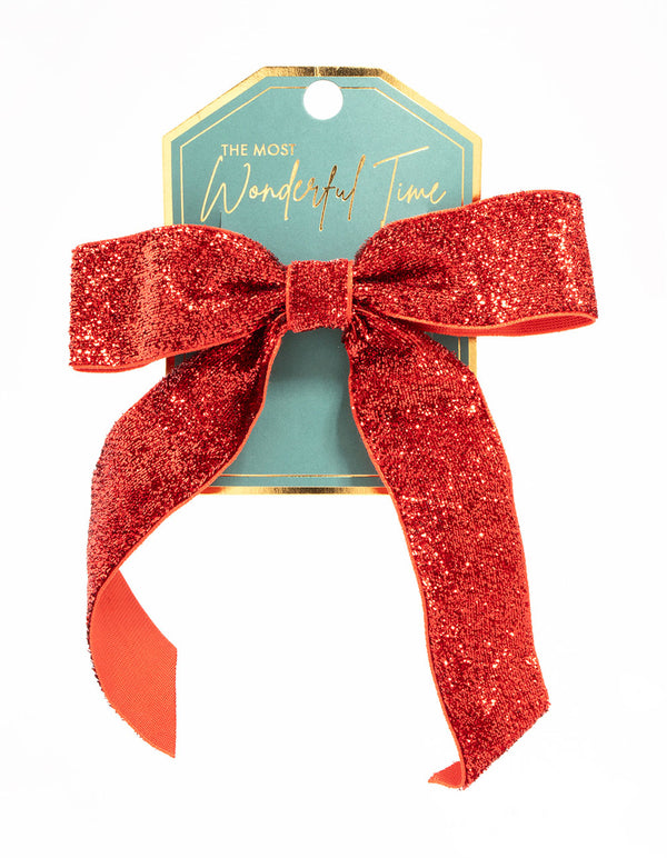 Shiny Red Glitter Fabric Bow Clip