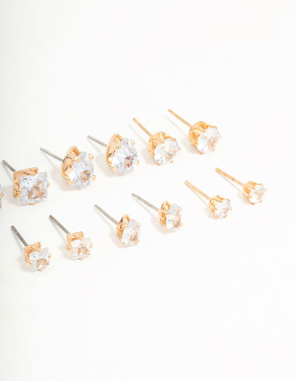 Gold Mixed Shaped Diamante Stud Earrings 8-Pack
