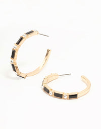 Gold Baguette Cut Black Medium Hoop Earrings - link has visual effect only